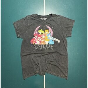 Sailor Moon Anime Graphic T-shirt Size Large Naoko Takeuchi Gray Acid Wash